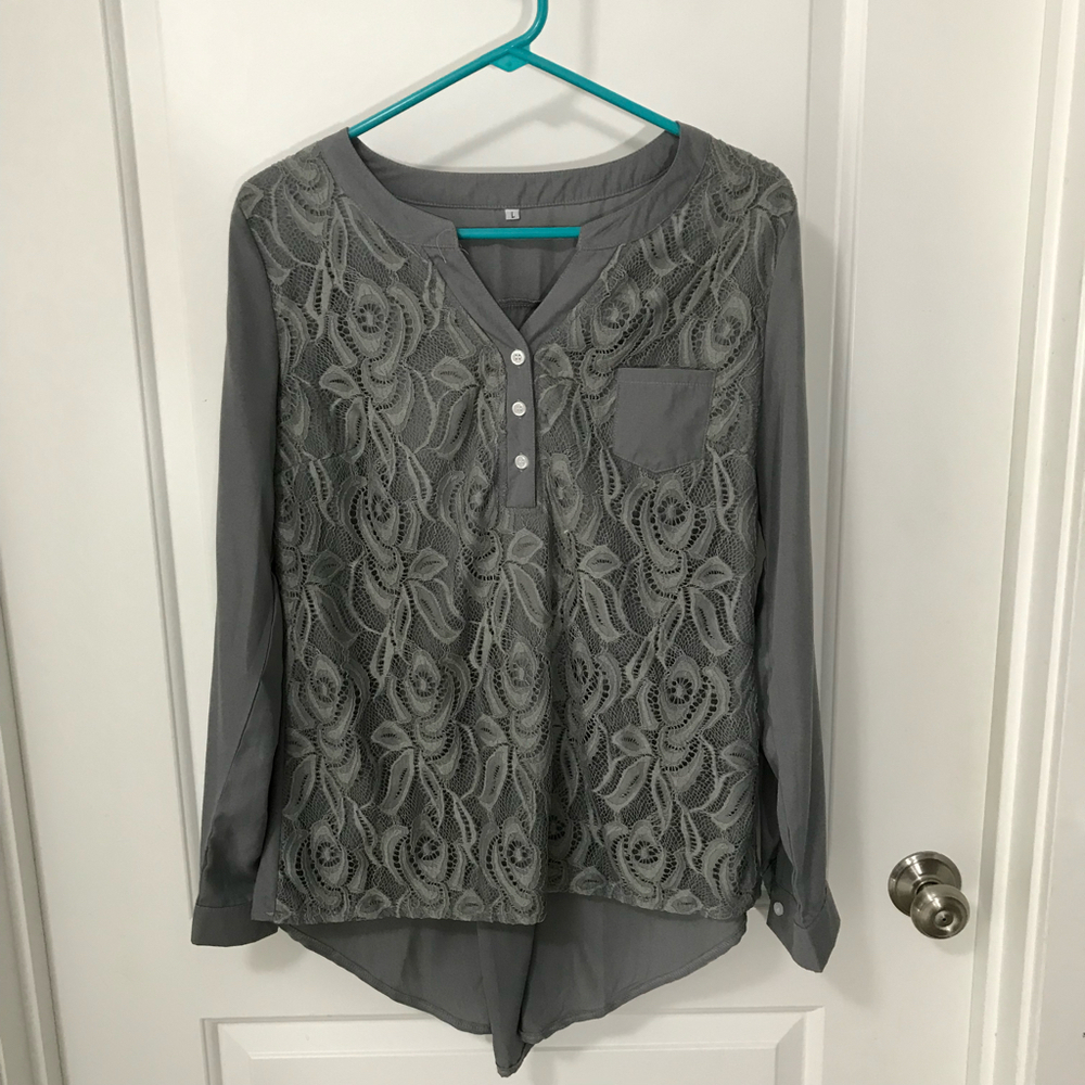 Womens Gray Lined Floral Lace Long Sleeve Shirt Blouse Top Size Large